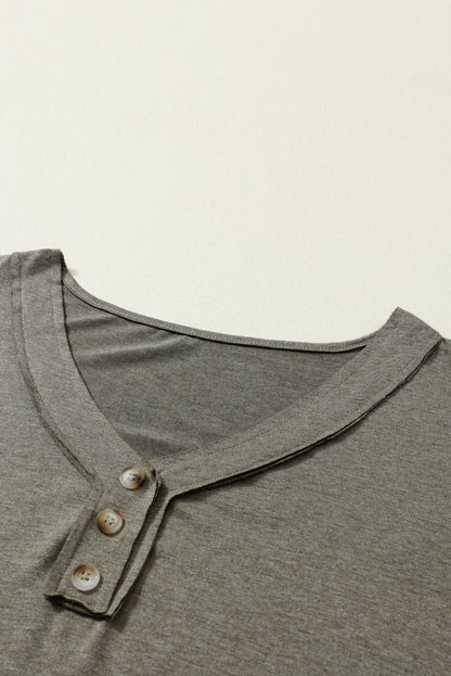 Long Sleeve V-Neck Stitching Henley Top | Khaki