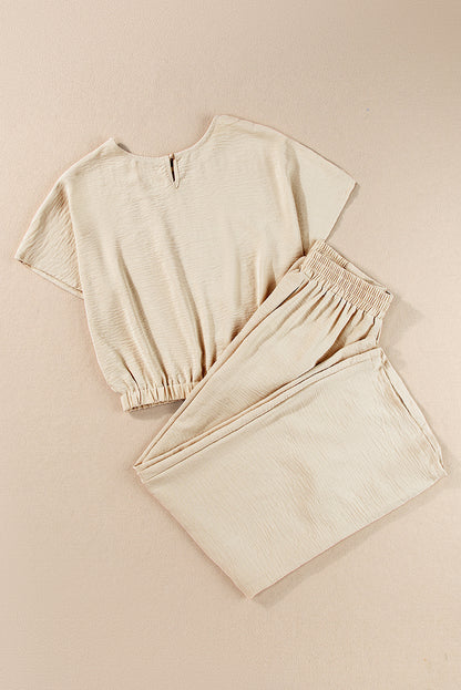 Crinkled Elastic Hem Crop Tee And Wide Leg Pants Set | Beige