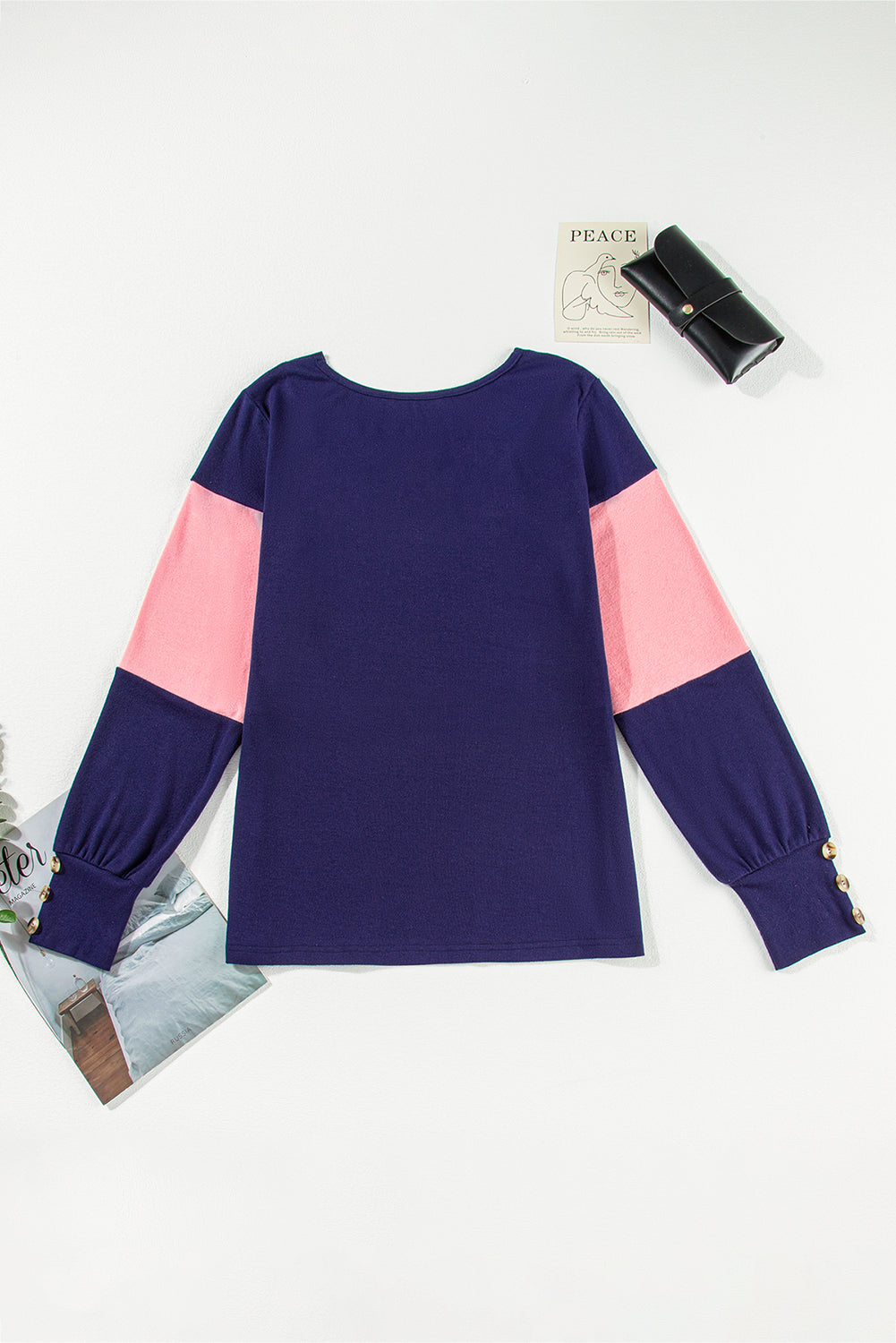 Colourblock Button Decor Long Sleeve V Neck Top | Blue Stripe