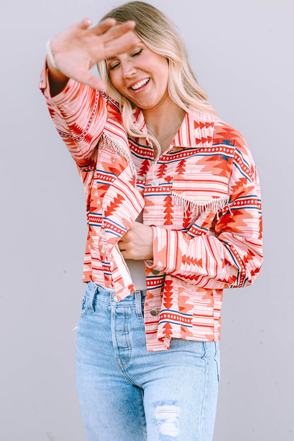 Fiery  Western Aztec Print Corduroy Jacket | Red