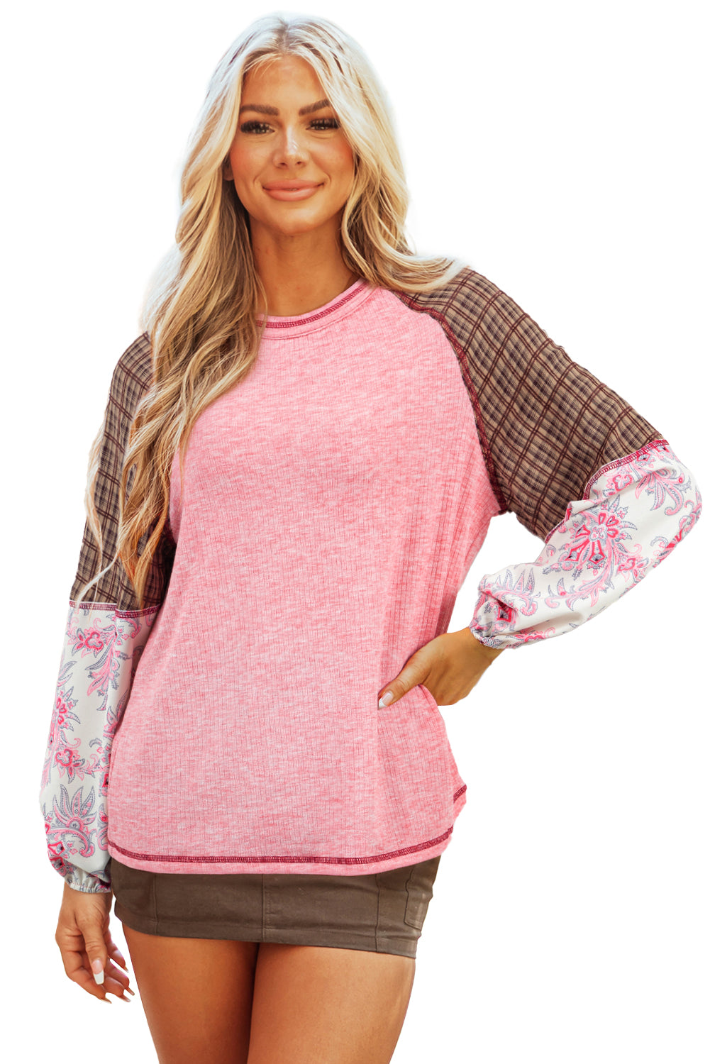 Mixed Print Raglan Sleeve Ribbed Knit Patchwork Blouse | Fushia