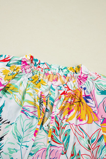 Tropical Floral Print Ruffled Short Sleeve Blouse | White