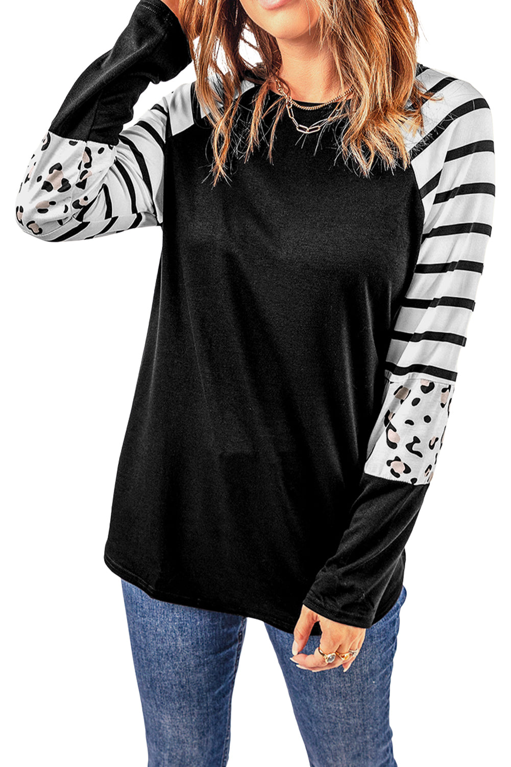 Striped Animal Print Colourblock Long Sleeve Top | Black