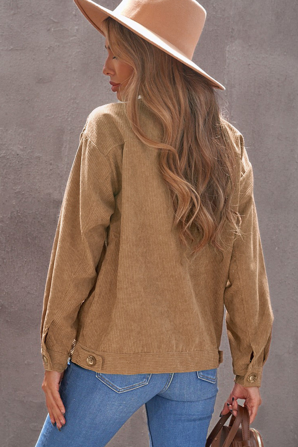 Ribbed Corduroy Long Sleeve Jacket With Pocket | Khaki