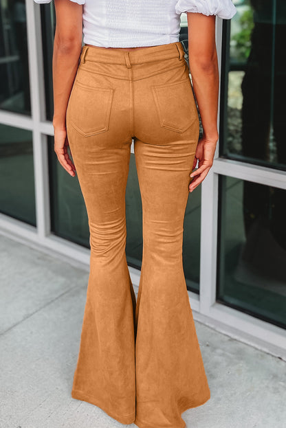 Exposed Seam Flare Suede Pants With Pockets | Brown