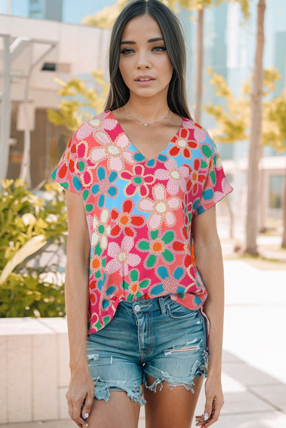 Abstract Print V Neck Dolman Blouse | Pink