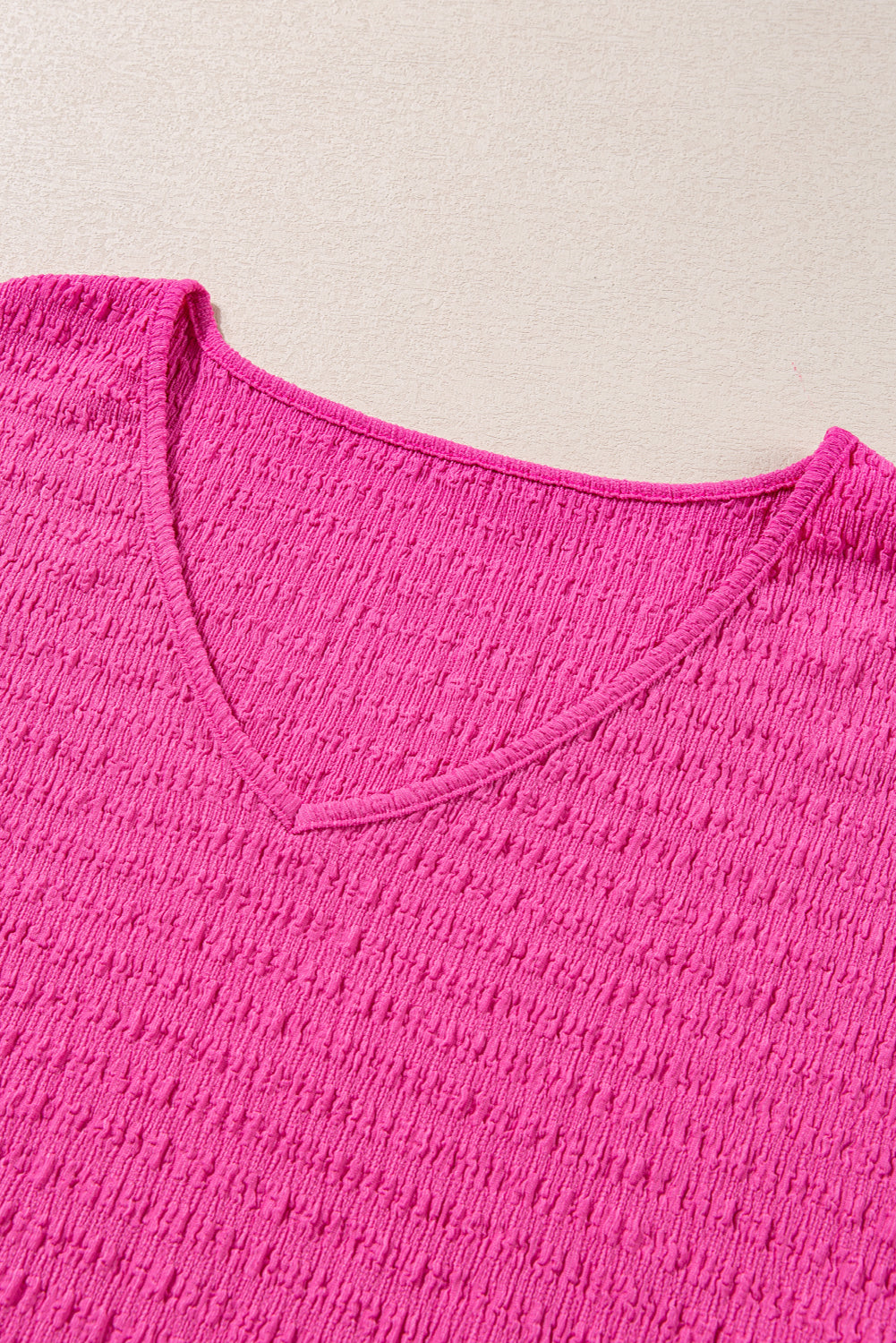 Plus Size Textured Folded Sleeve V Neck T Shirt | Bright Pink