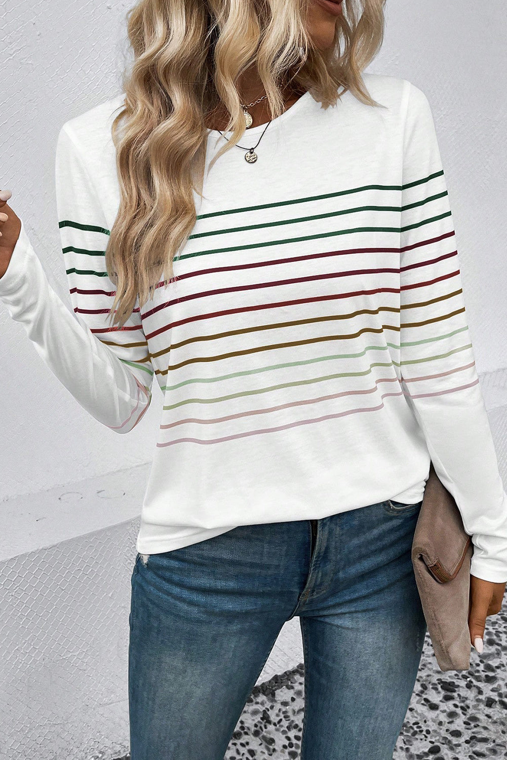 Multicolour Striped Crew Neck Long Sleeve Top | White