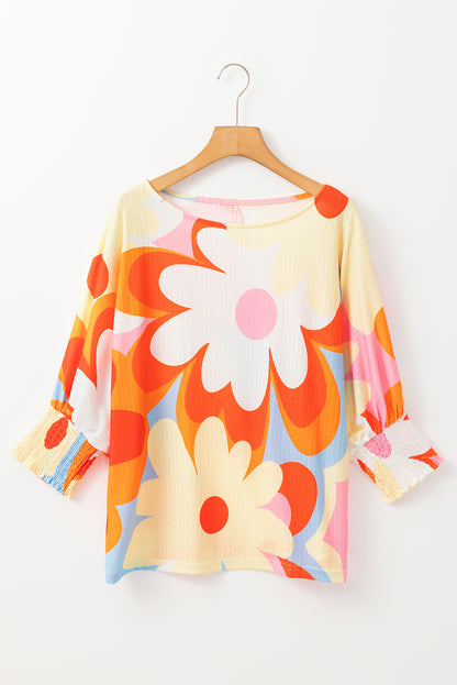 Ribbed Floral Printed Shirred 3/4 Sleeve Blouse | Yellow