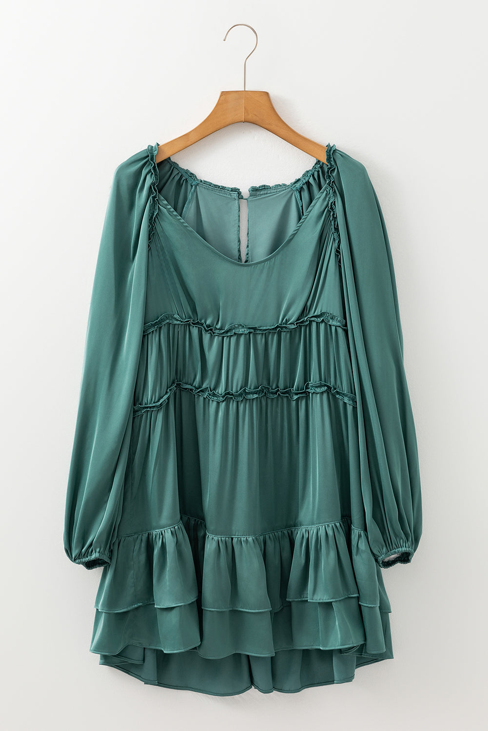 Tiered Ruffled Puff Sleeve Loose Fit Mini Dress | Mist Green