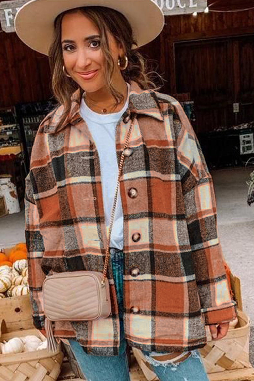 Plaid Print Buttoned Shirt Jacket | Orange