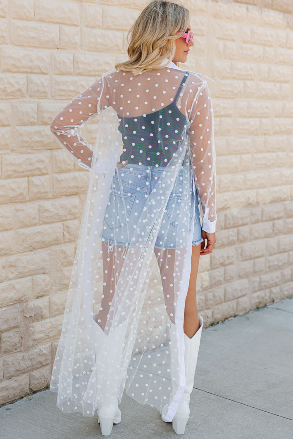 Polka Dot Print Collared Buttoned Mesh Duster Kimono | White