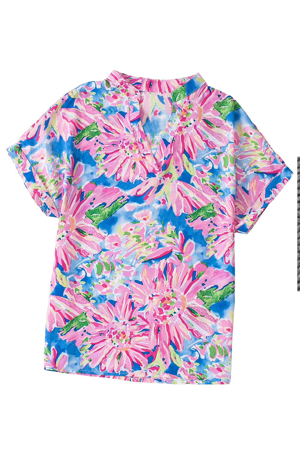 Abstract Floral Print Notch V Neck Rolled Short Sleeve Blouse | Pink