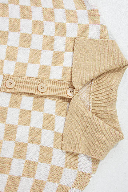 Checkered Buttons Collar V Neck Drop Shoulder Sweater | Apricot