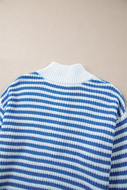 Zip Up Collar Drop Shoulder Sweater | Sky Blue Stripe