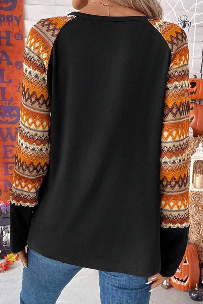 Geo Print Raglan Patchwork Long Sleeve Tee | Orange