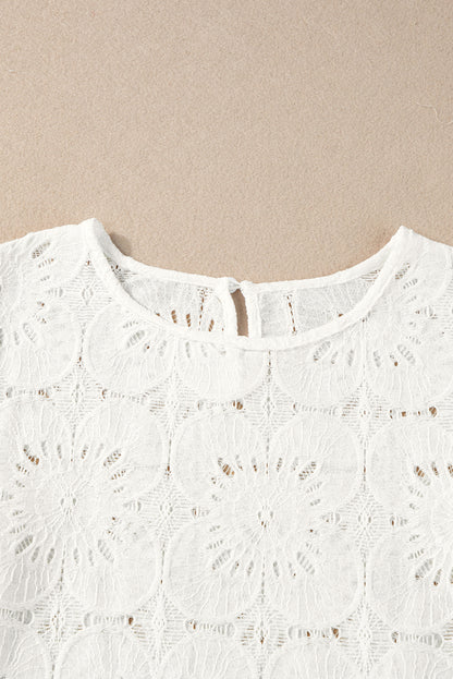 Flower Eyelet Jacquard Keyhole Flounce Sleeve Top | White