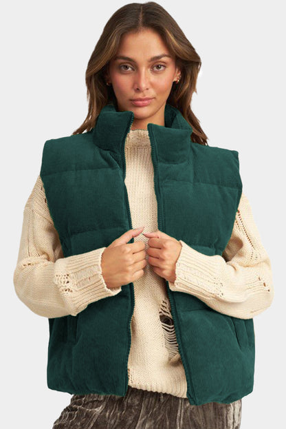 Corduroy Stand Neck Zipped Puffer Vest | Jungle Green