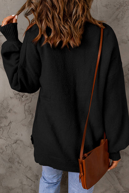 Solid Colour Puffy Sleeve Pocketed Sweater | Black