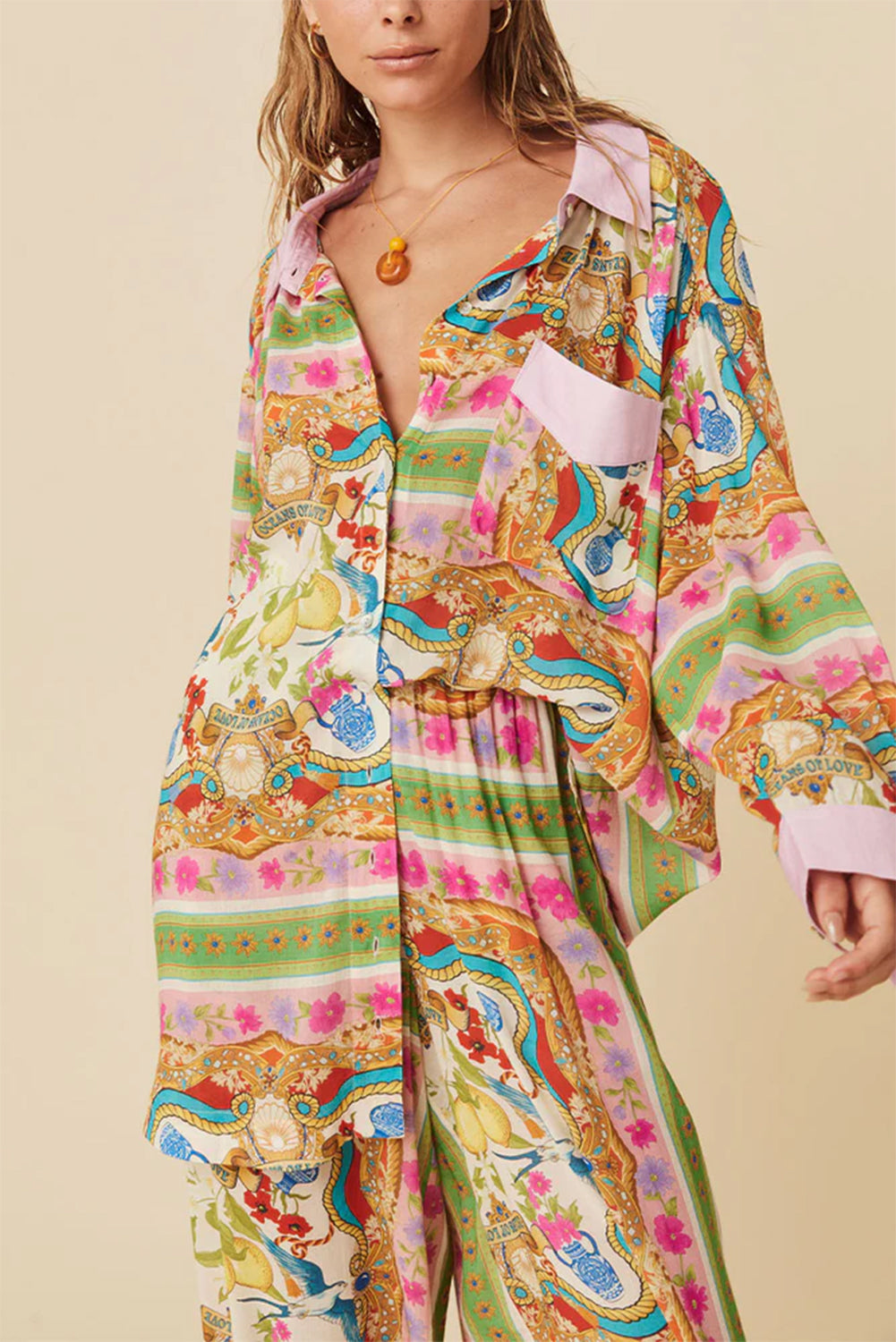 Boho Floral Print Buttoned Long Sleeve Shirt Dress | Multicolour