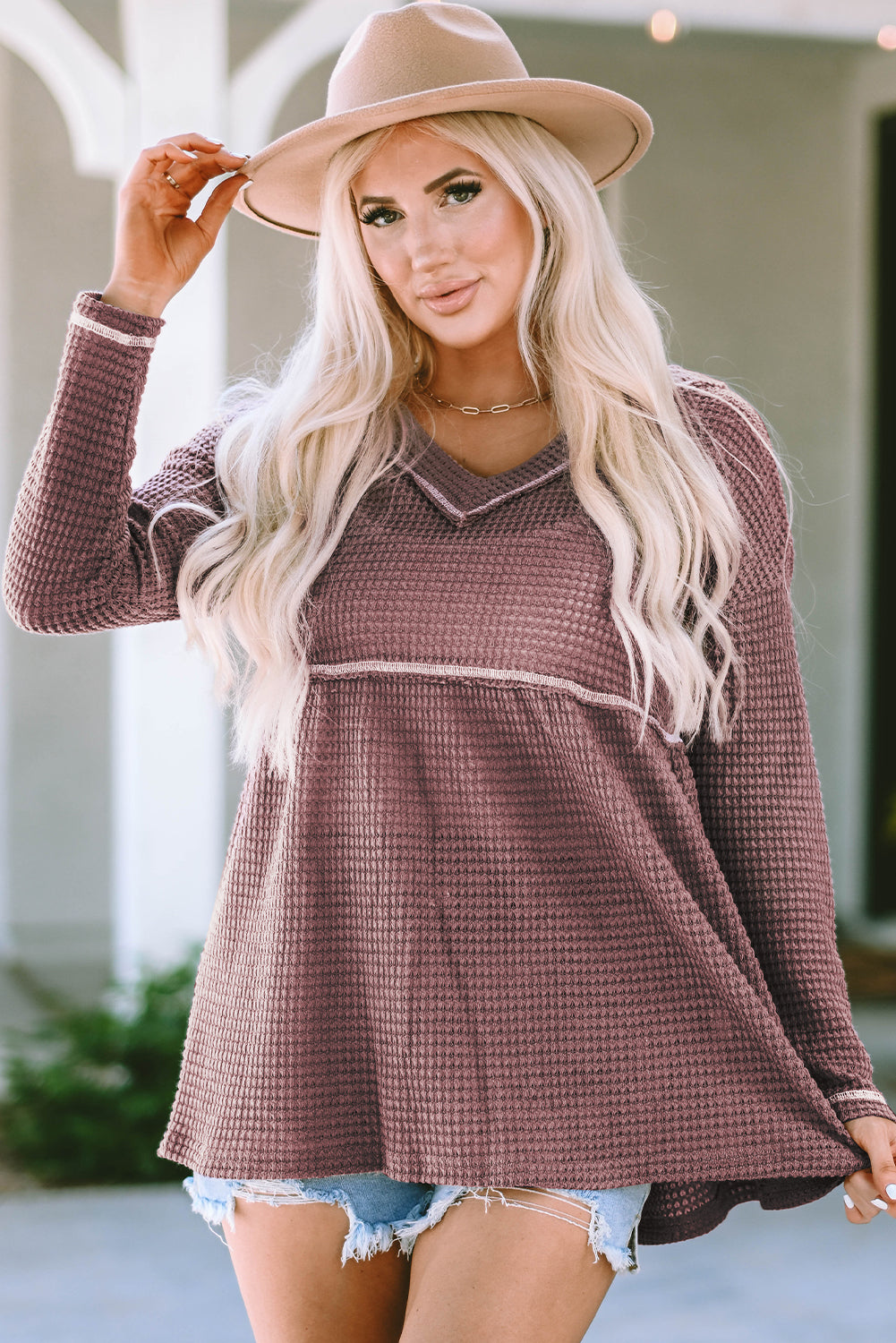 Pink Waffle Knit V Neck Long Sleeve Babydoll Top