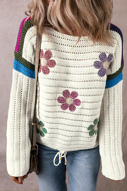 Daisy Flower Pointelle Knit Sweater | White