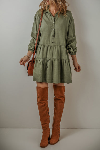 Puff Sleeve Buttoned Tiered Pleated Shirt Mini Dress | Jungle Green