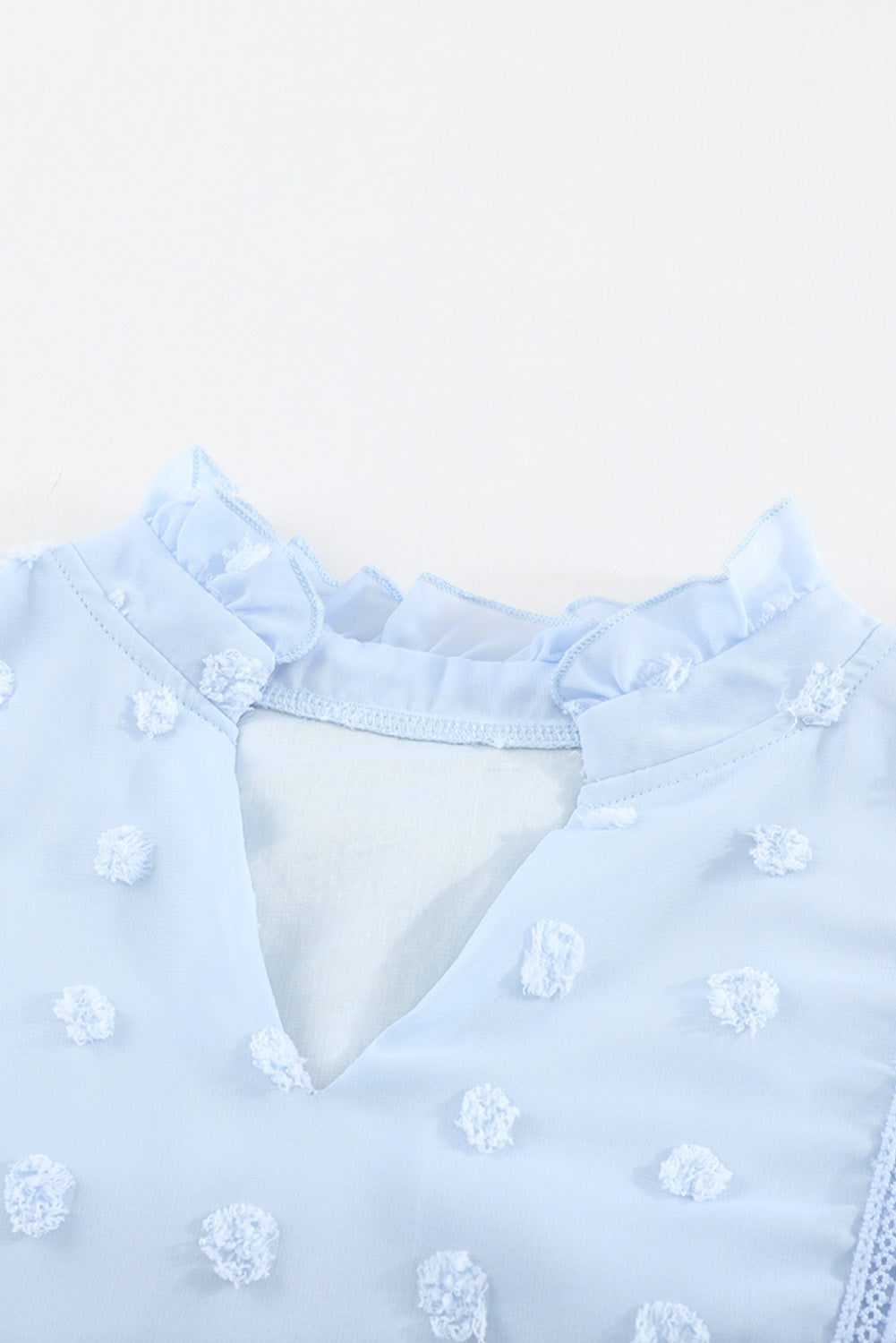 Blue Ruffled Split Neck Lace Hollow Out Puff Sleeve Polka Dot Blouse | Sky Blue