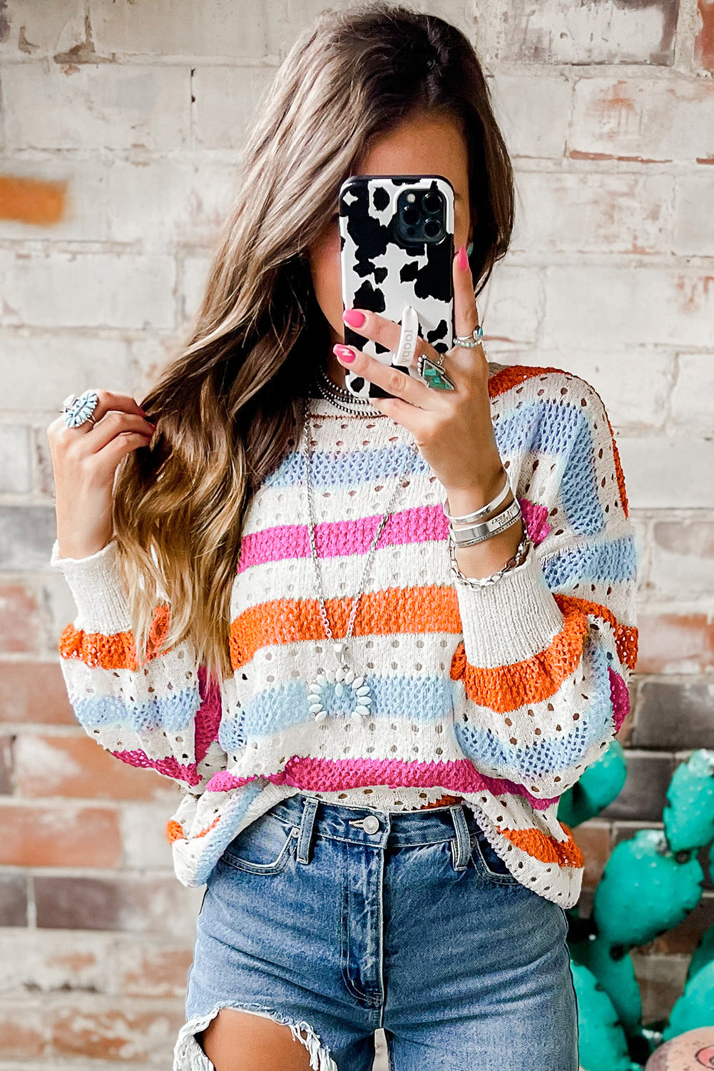 Striped Hollowed Knitted Loose Sweater | Multicolour