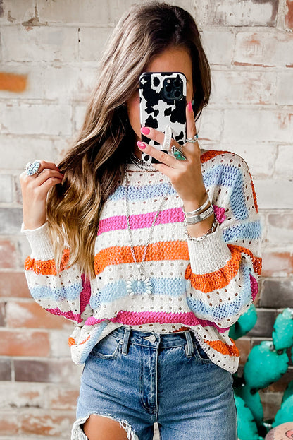 Striped Hollowed Knitted Loose Sweater | Multicolour