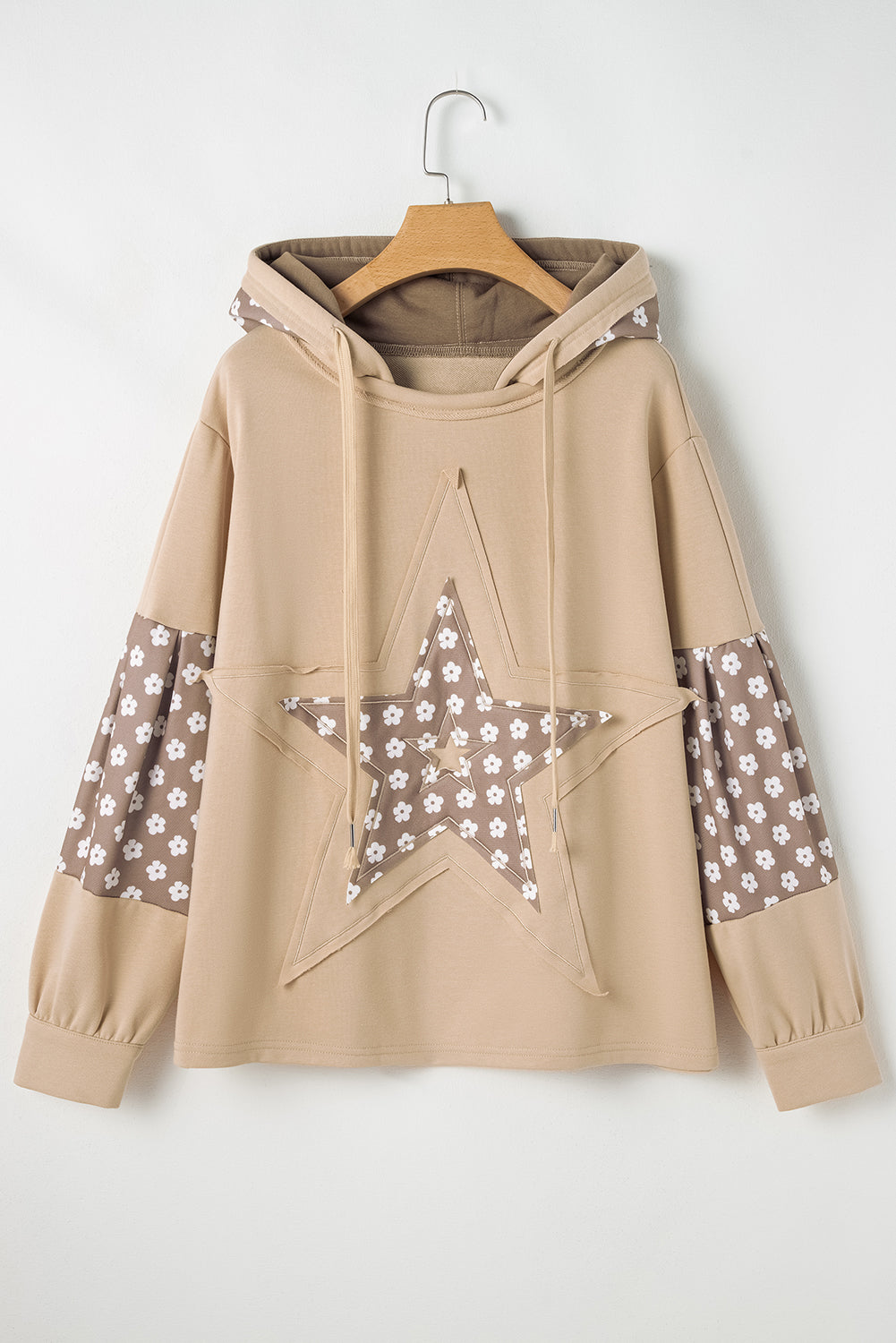 Floral Patchwork Star Pattern Drawstring Hoodie | Apricot