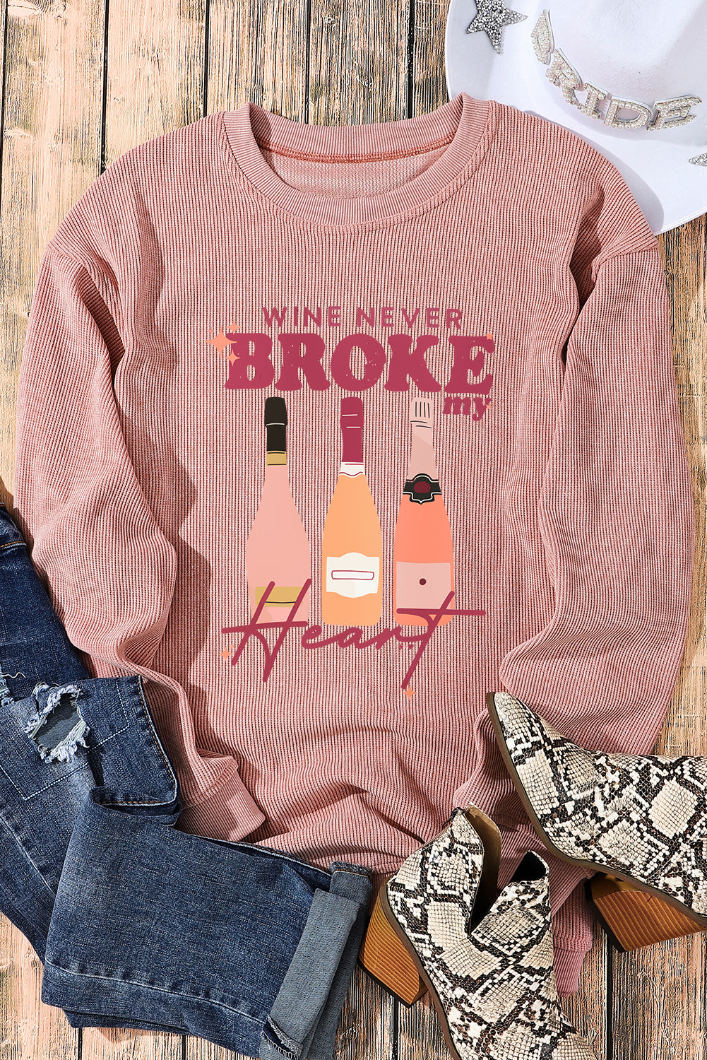 Wine Never Broke My Heart Corded Baggy Sweatshirt | Pink