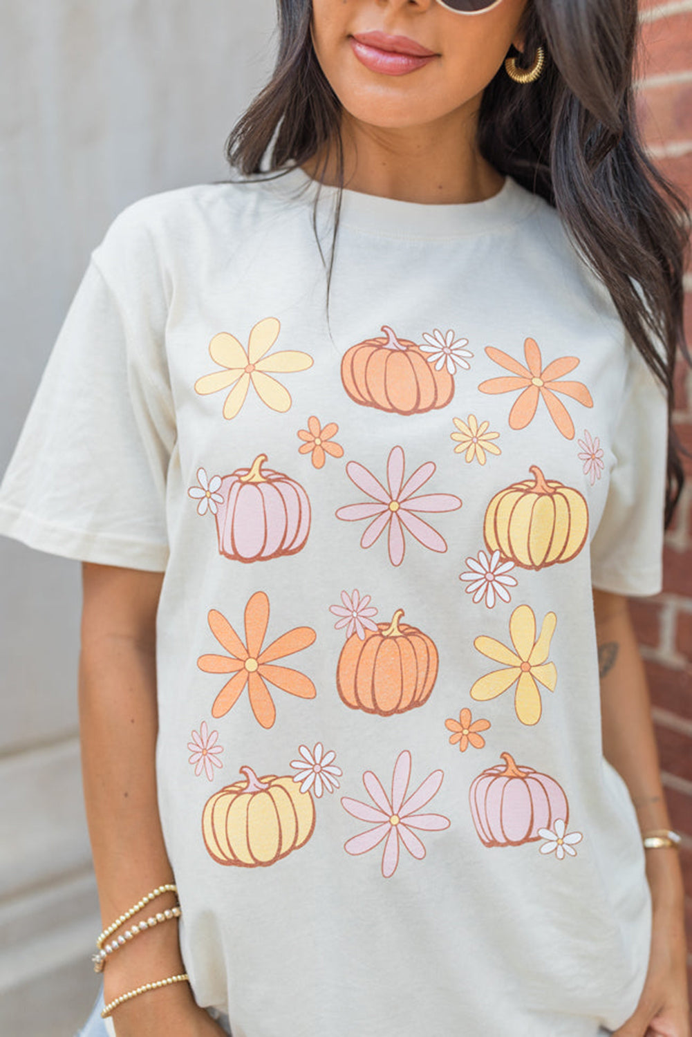 Floral Pumpkin Graphic Crewneck Halloween T Shirt | White