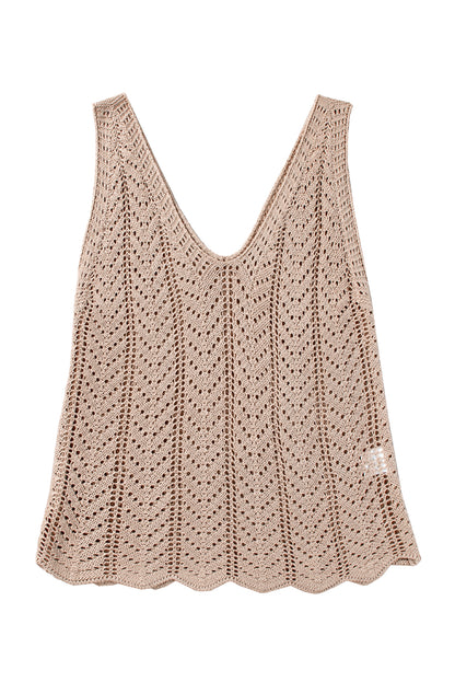 Scalloped Hem V Neck Crochet Knit Vest | Pale Khaki