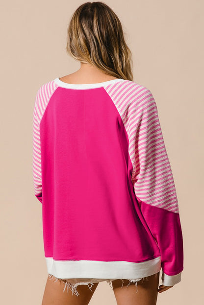 Striped Patchwork Crew Neck Raglan Sleeve Top | Strawberry Pink