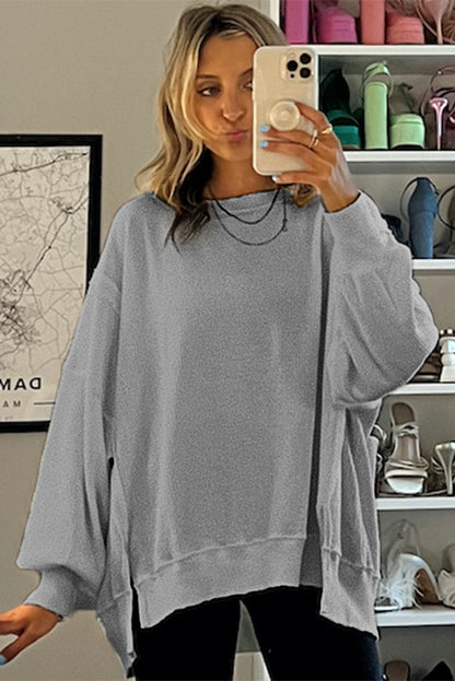 Waffle Knit Bishop Sleeve Split Oversized Top | Gray