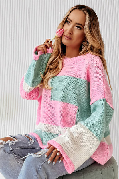 Colourblock Drop Shoulder Bell Sleeve Sweater | Pink