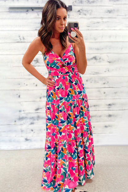 Floral Twisted Smocked Back Tiered Maxi Dress | Rose