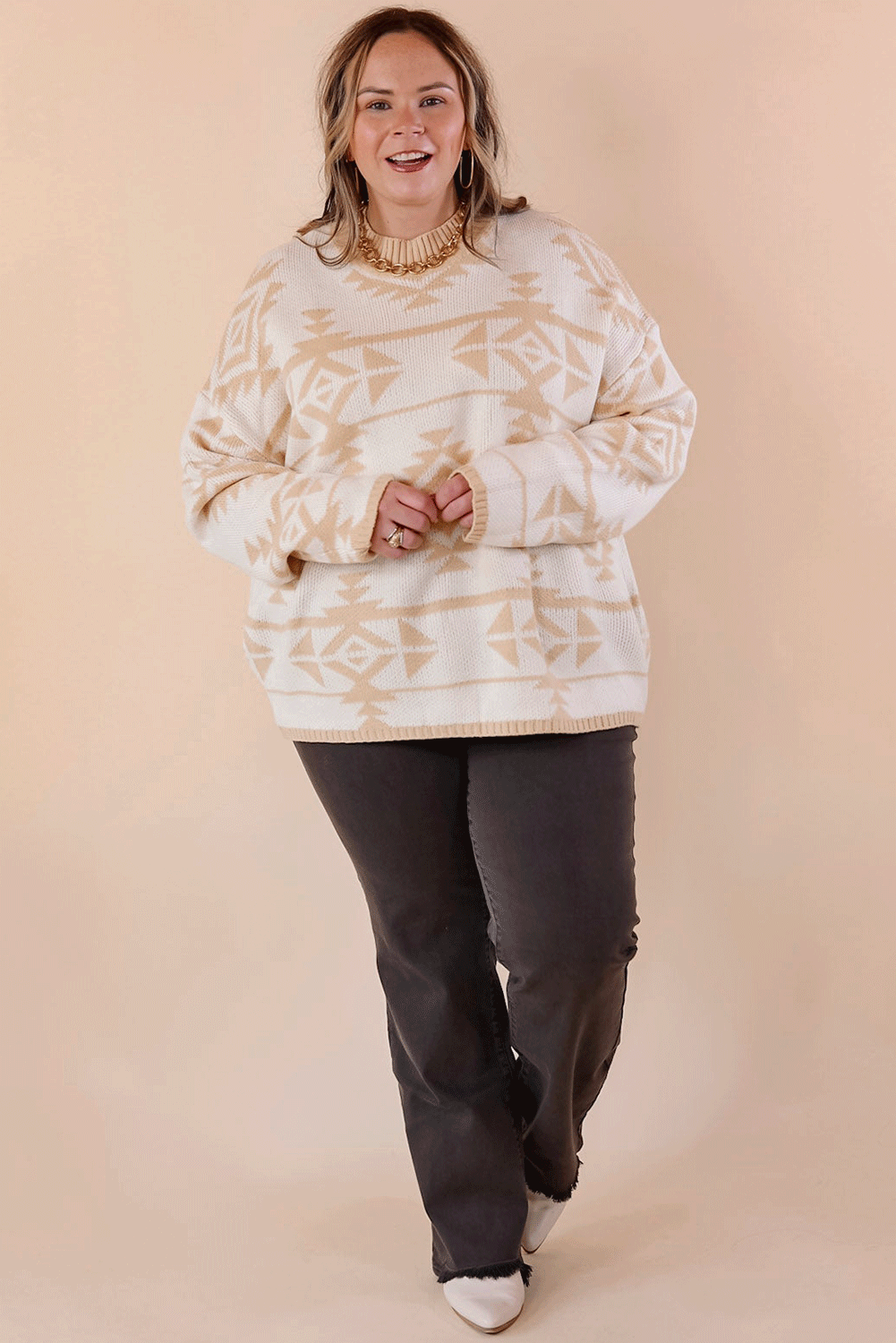 Plus Size Western Aztec Print Loose Sweater | Apricot