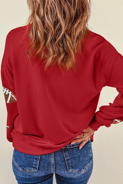 Sequined Rugby Football Graphic Drop Shoulder Sweatshirt | Red