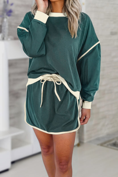 Colour Contrast Loose Pullover And Lace-Up Waist Skort Set | Evergreen