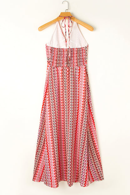 Halter Neck Tribal Boho Printed Backless Maxi Dress | Red