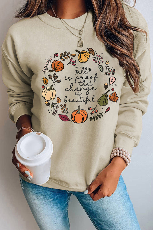 Khaki Fall Vibe Pumpkin Print Round Neck Sweatshirt