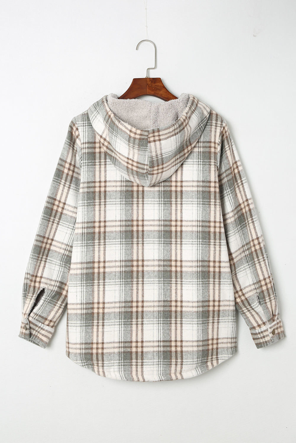 Plaid Pattern Sherpa Lined Hooded Shacket | Gray