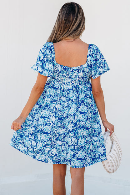 Floral Puff Sleeve Babydoll Mini Dress | Blue