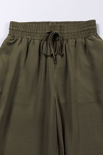 Brown Drawstring Elastic Waist Casual Wide Leg Pants | Green