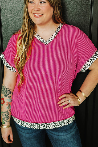 Leopard Trim V Neck Short Sleeve Plus Size Corded Top | Rose Red