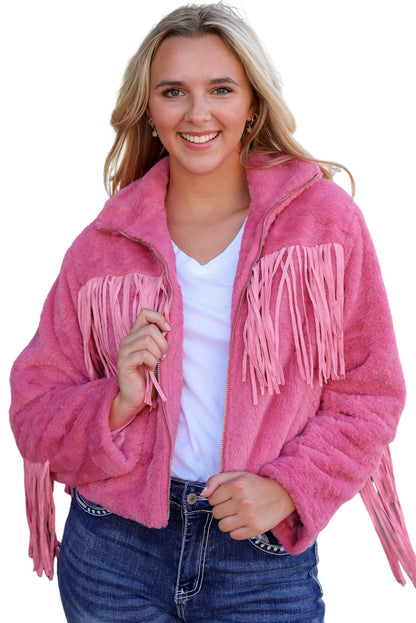 Fringed Full Zipper Fleece Jacket | Pink