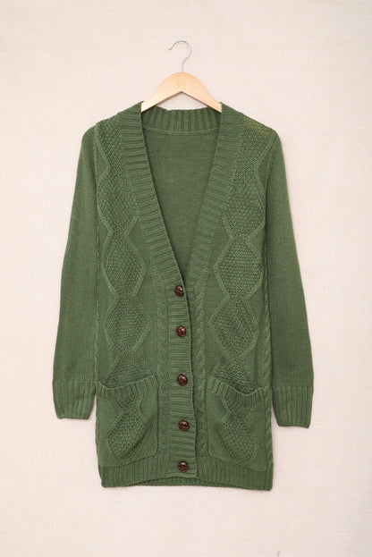 Front Pocket And Buttons Closure Cardigan | Green