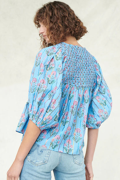 Floral Striped Print Shirred Yoke Split Neck Blouse | Sky Blue